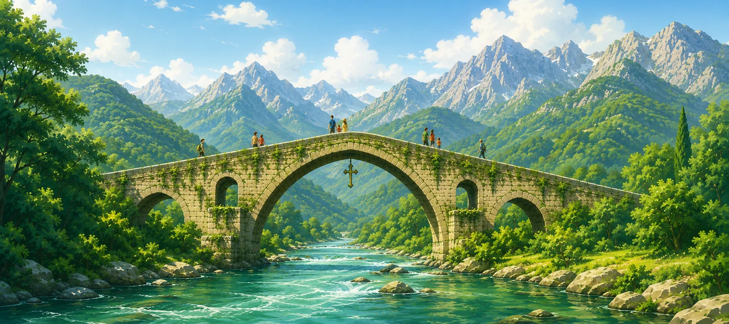 Ilustración de un puente de piedra entre las montañas de Asturias, con personas cruzando sobre un río.